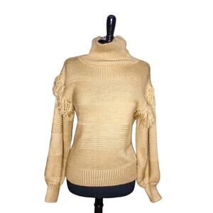Crescent Sweater Funnel Neck Turtleneck Fringe Pullover Tan Brown S